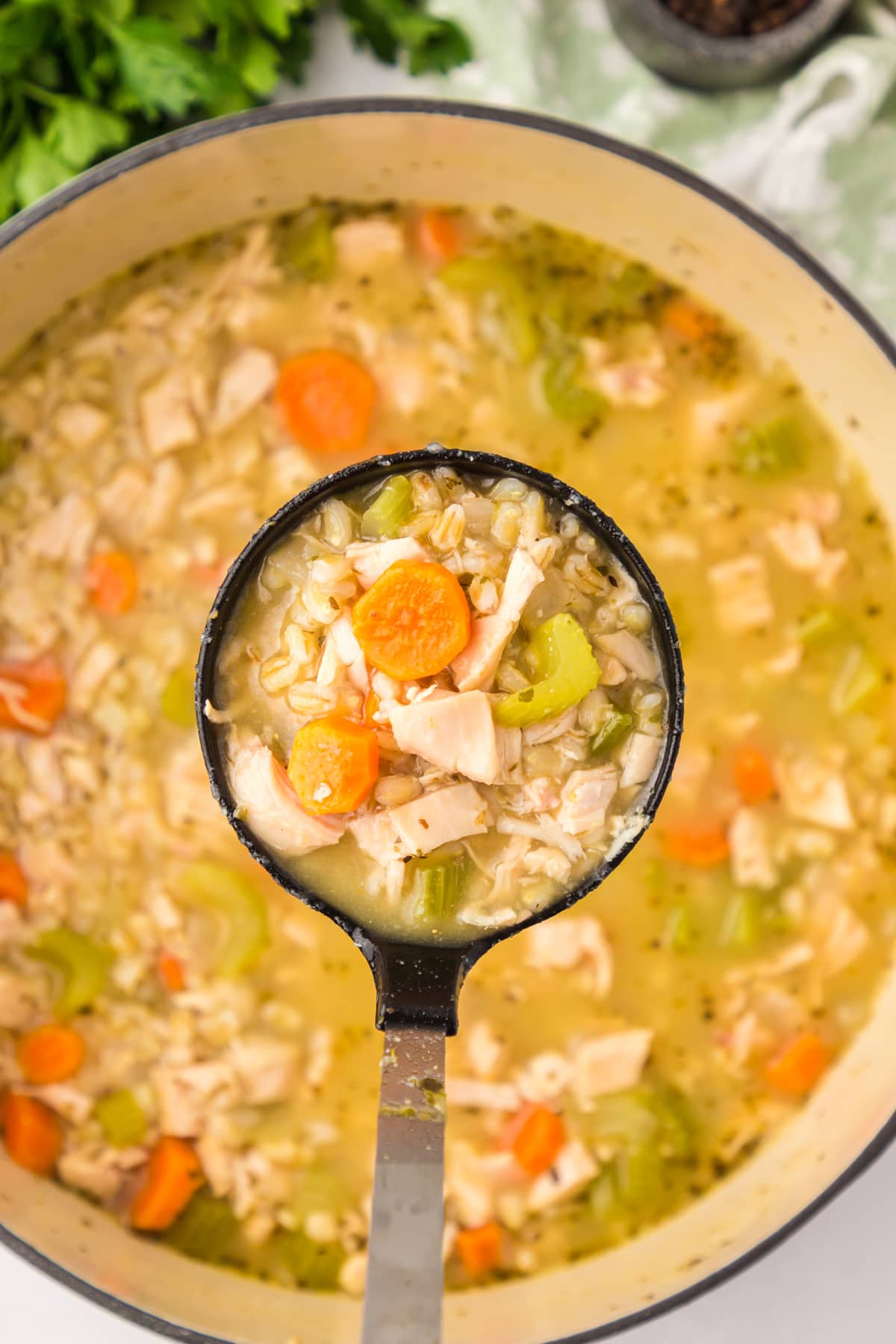 ladle with chicken barley soup