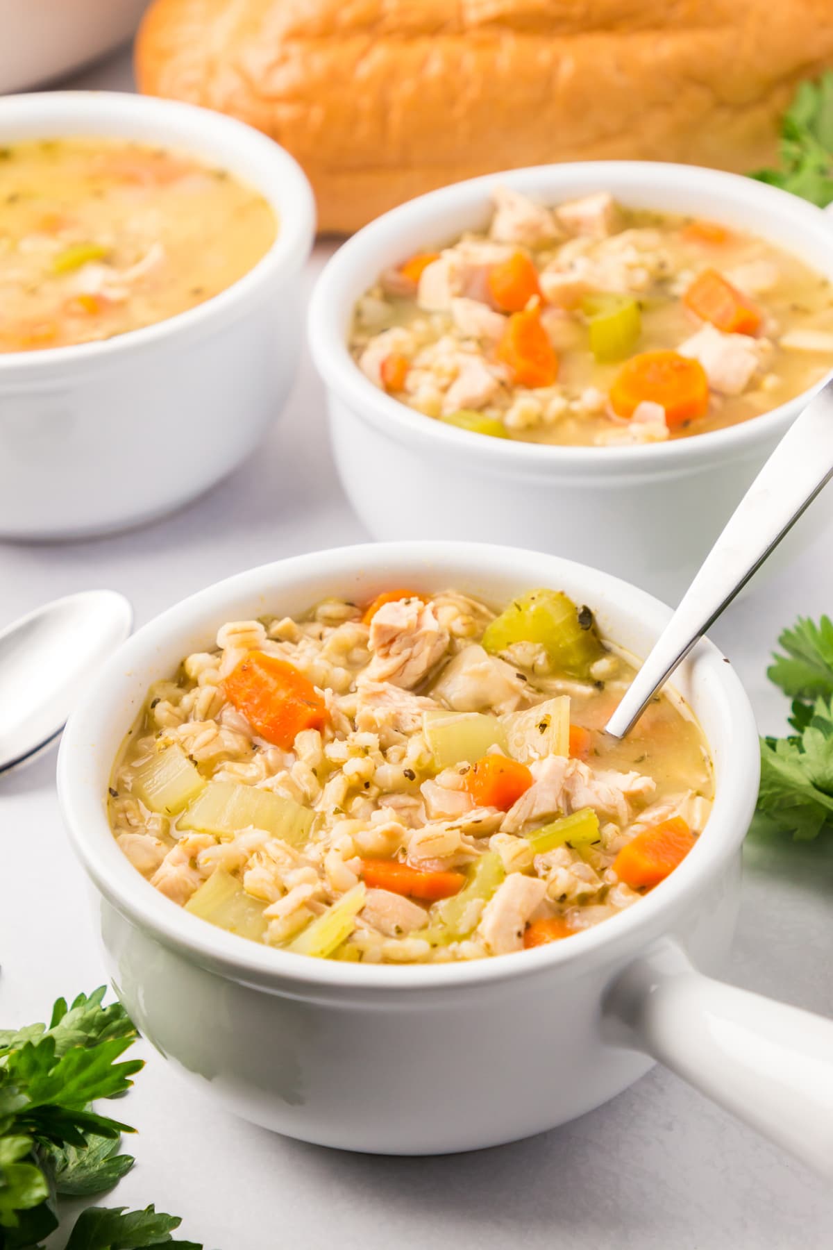 white soup bowls with chicken barley soup