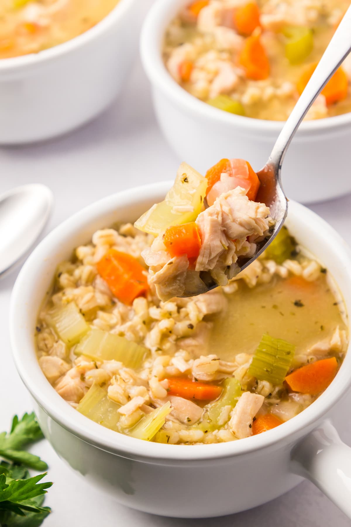 chicken barley soup on spoon