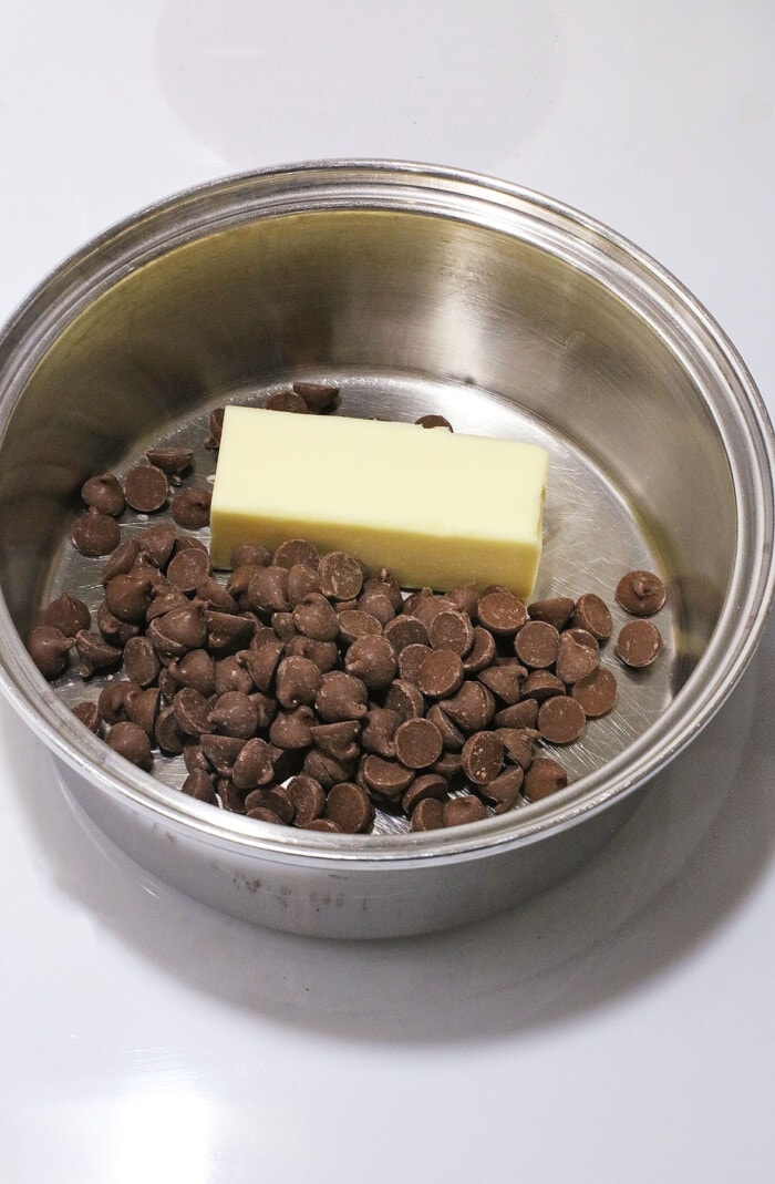 butter and chocolate chips in saucepan