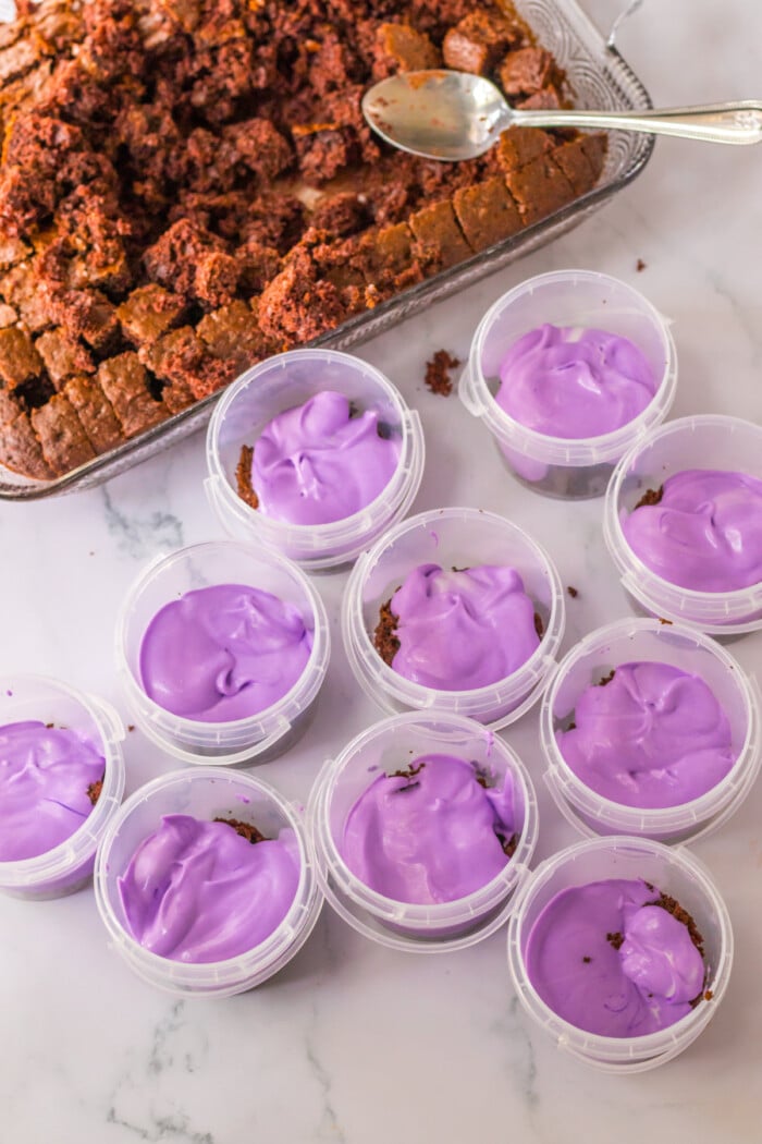 purple pudding in cups for graveyard pudding