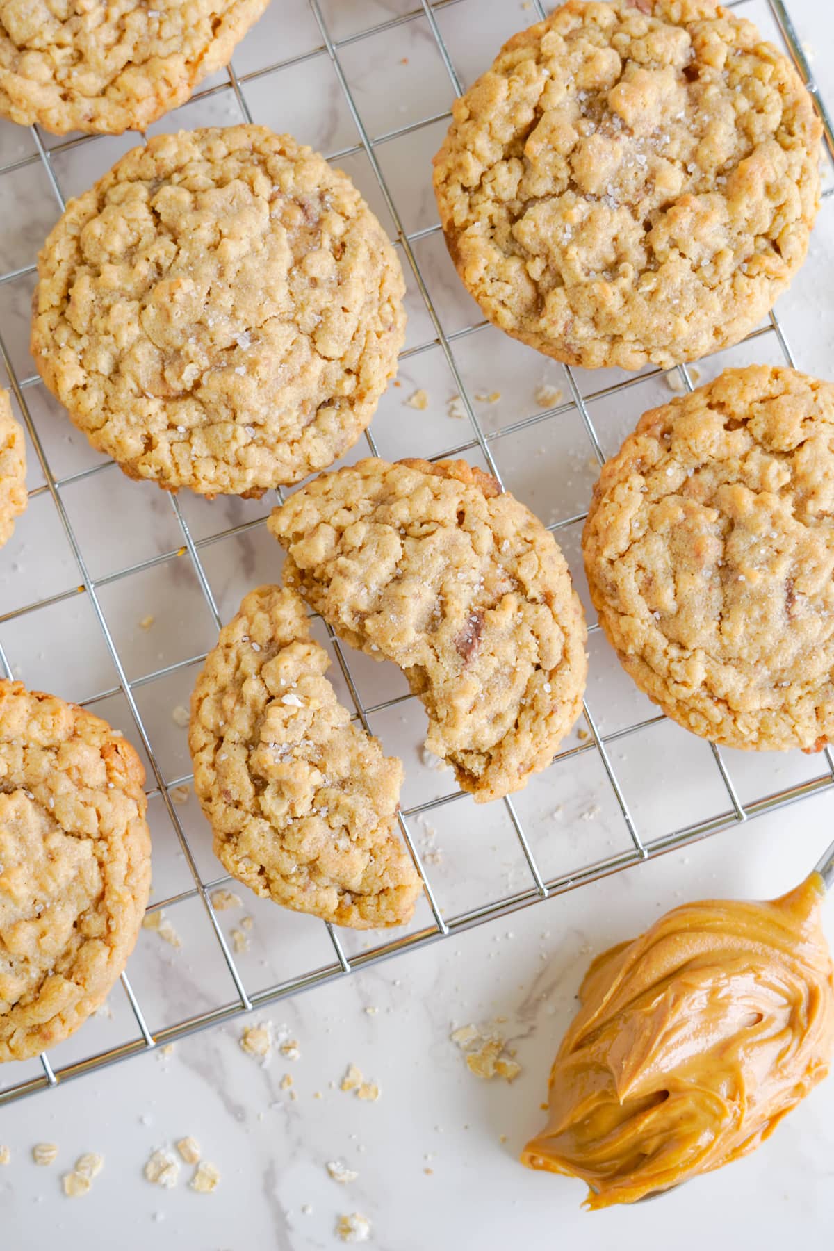 peanut butter oatmeal cookies on cooling rack