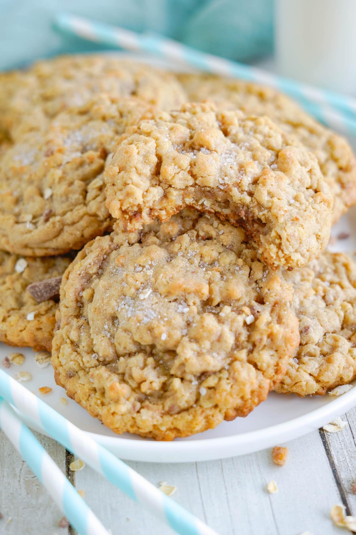 peanut butter oatmeal cookies on white serving plate