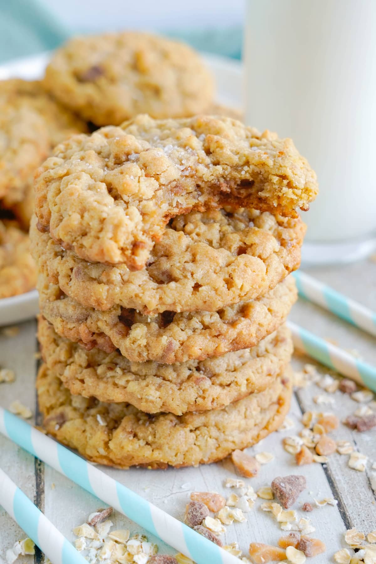 stack of peanut butter oatmeal cookies with bite out