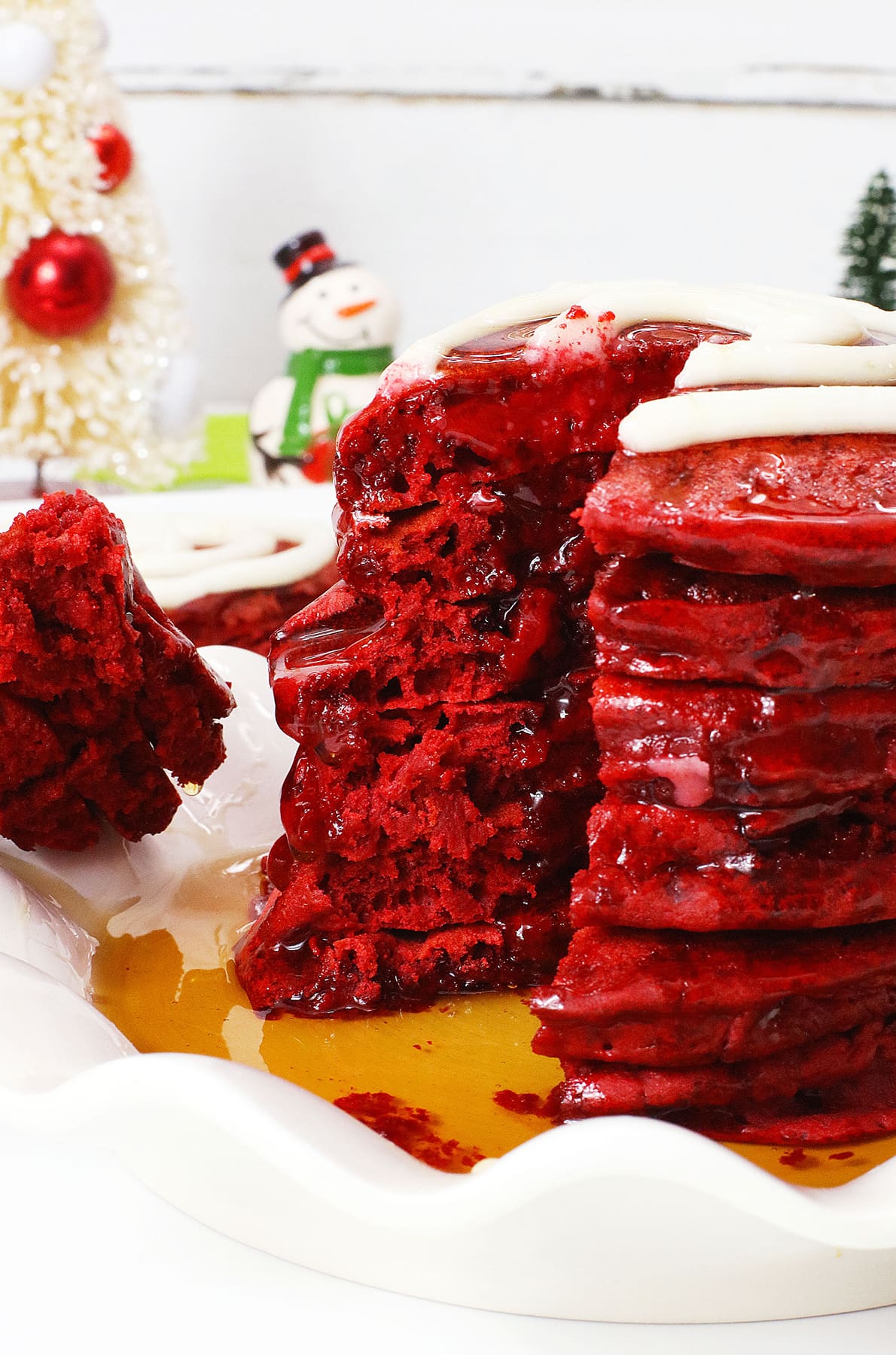 stack of red velvet pancakes cut
