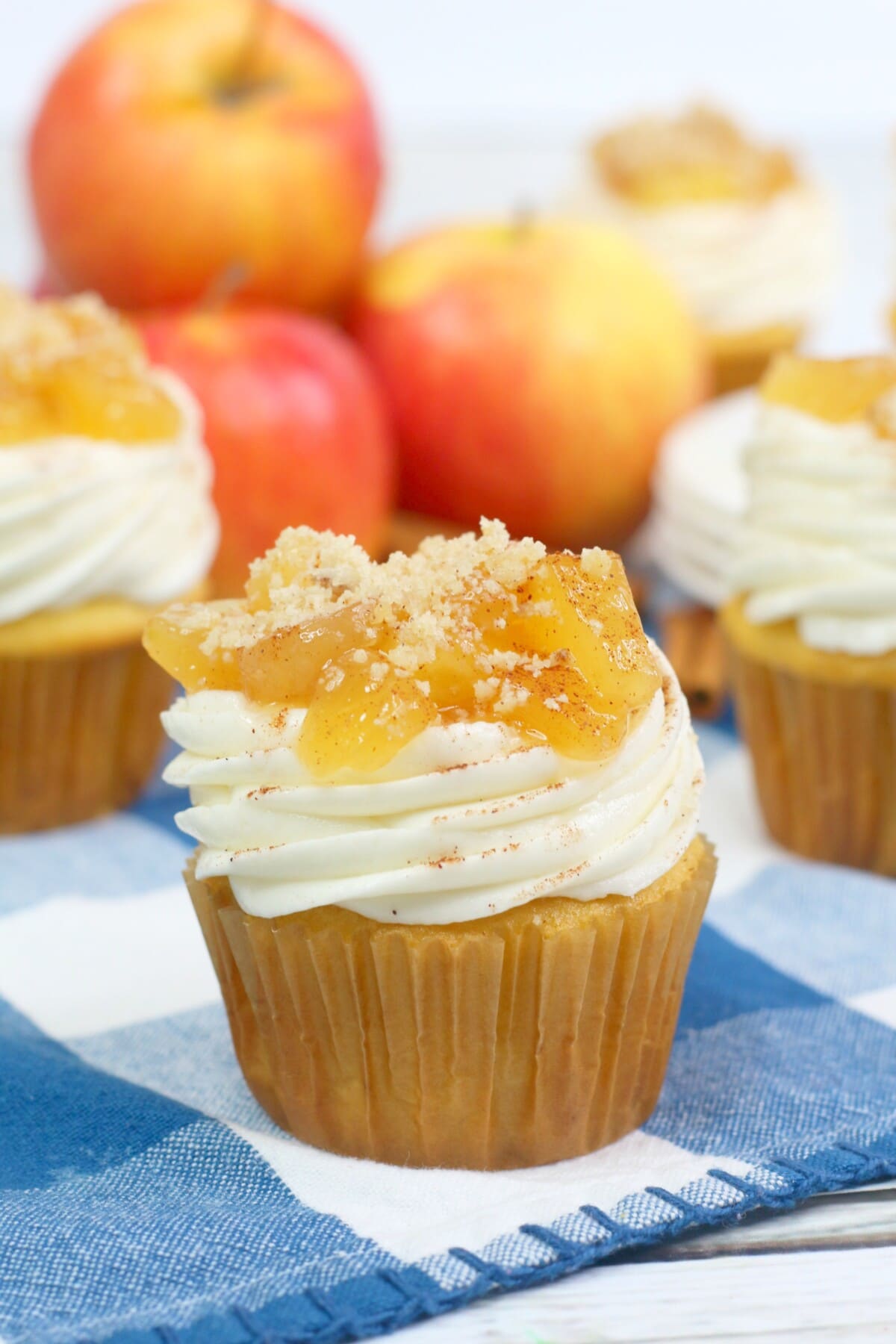 apple pie cupcakes with a blue napkin
