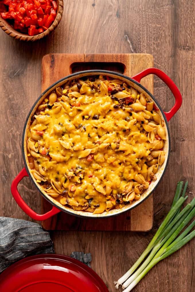 Overhead view of a pot of taco pasta