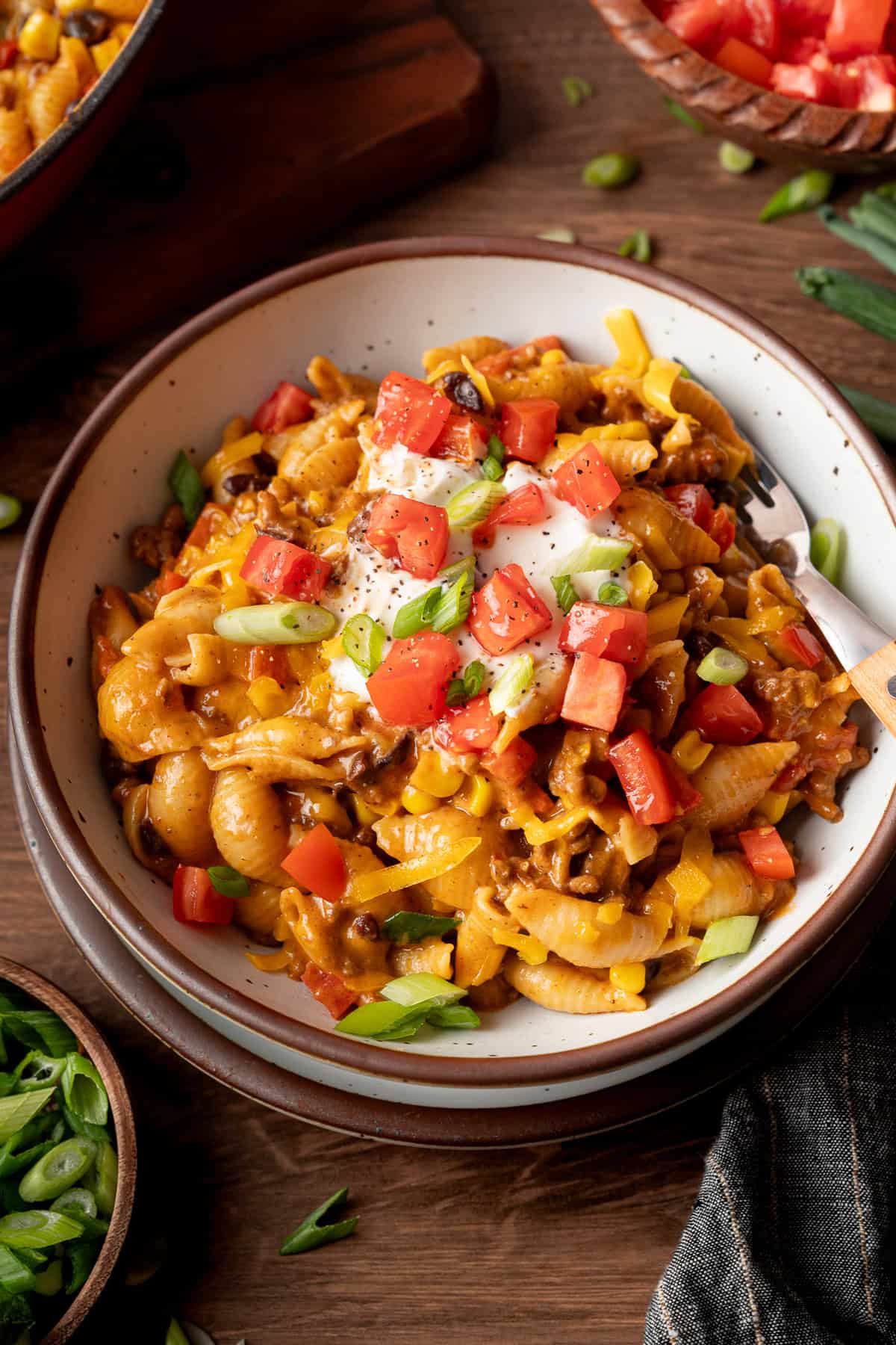 Overhead view of a bowl of taco pasta