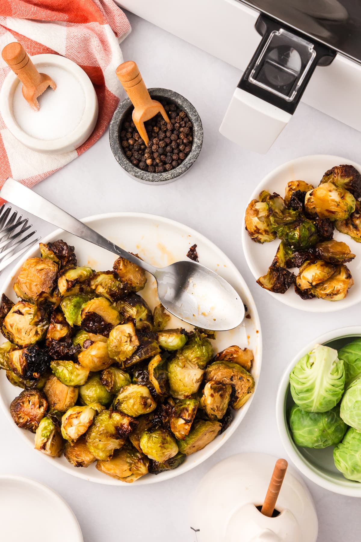 Overhead view of a plate of air fryer brussels sprouts