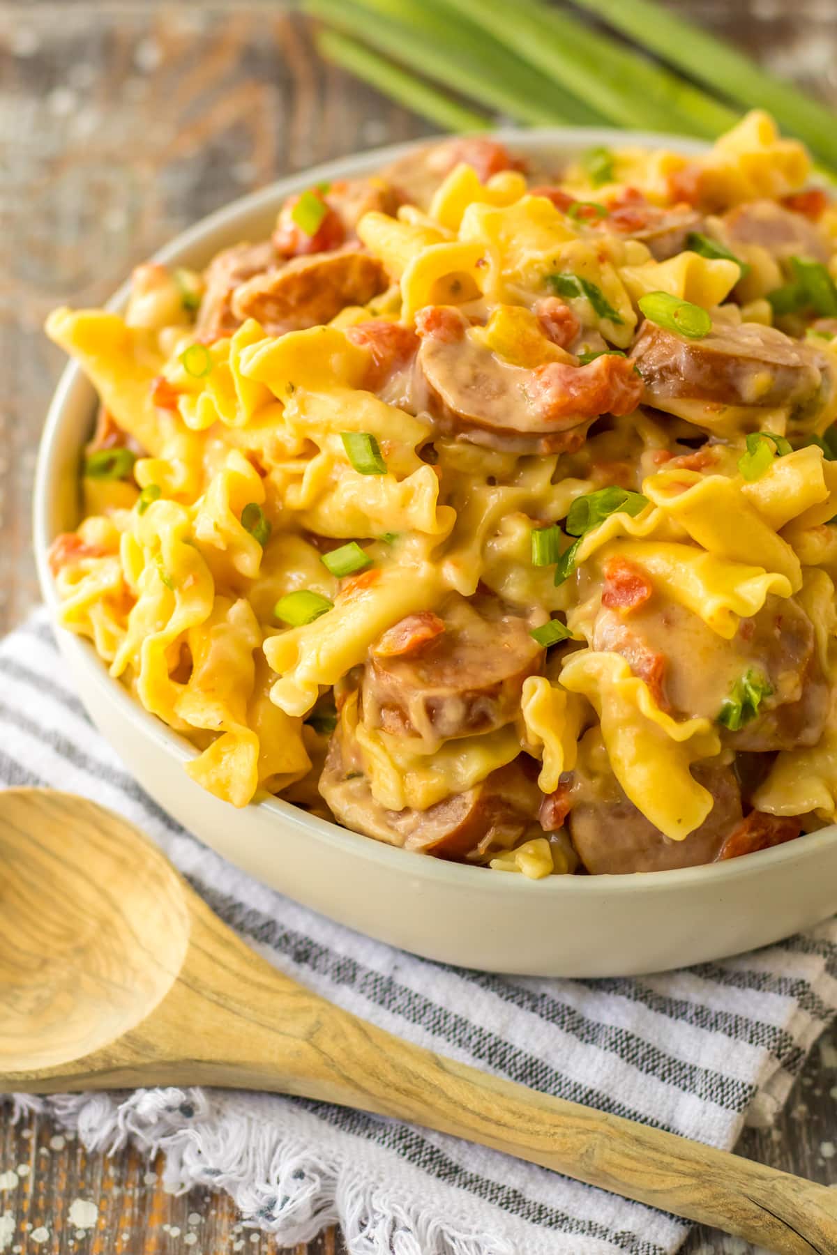 creamy sausage pasta in bowl with sliced green onions
