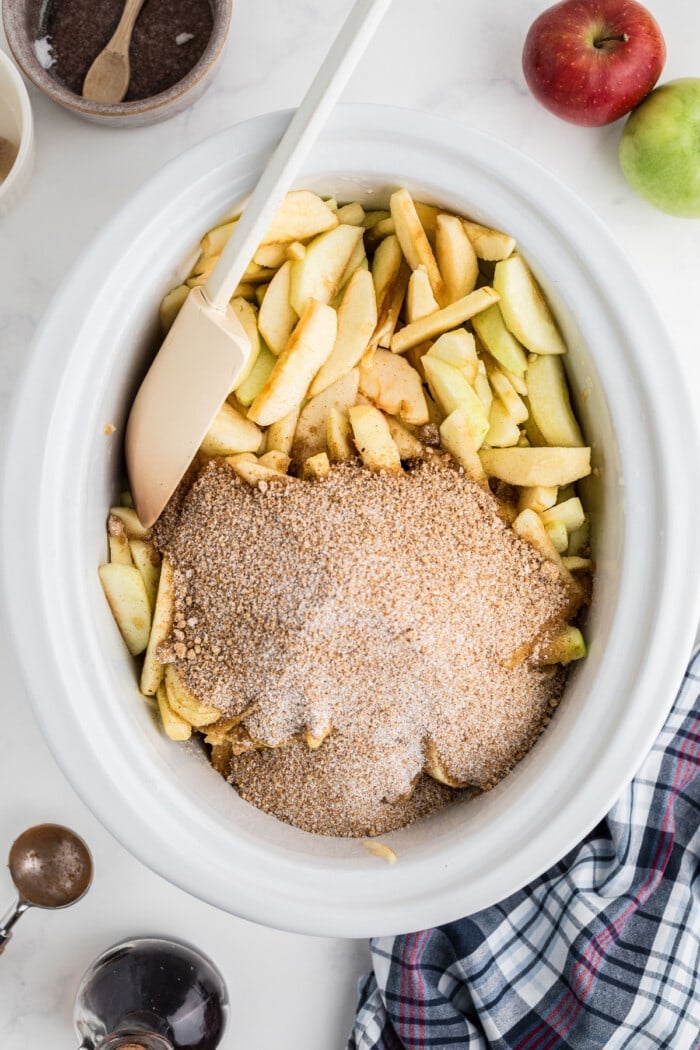 apples, sugar and spices in crockpot