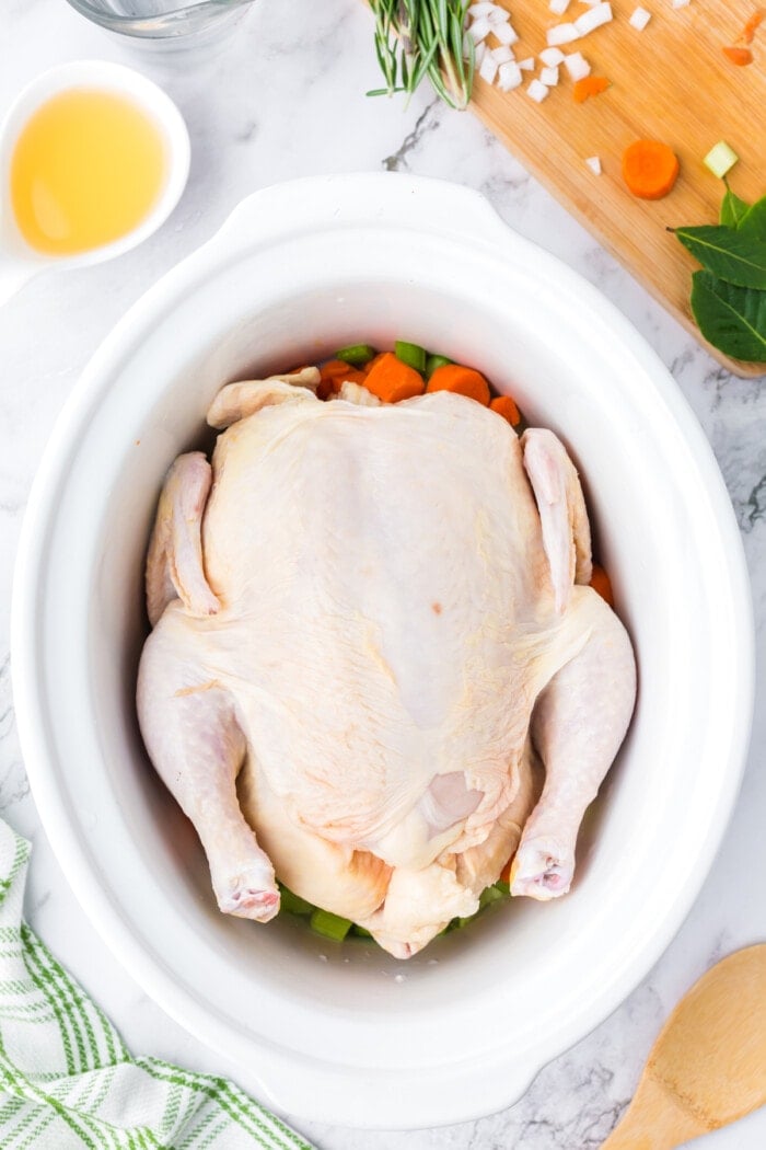 A whole chicken sitting on top of vegetables in a crockpot
