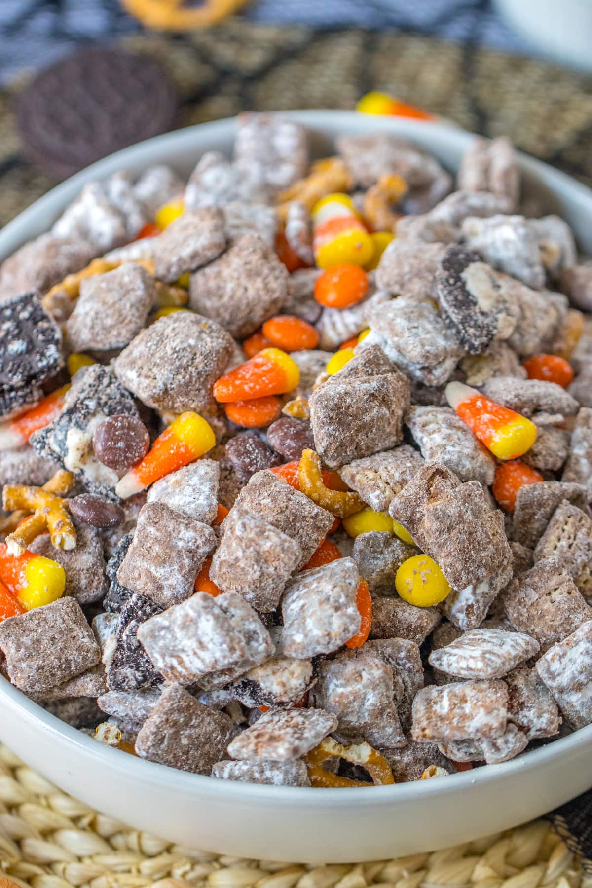 halloween puppy chow with candy corn and pretzels