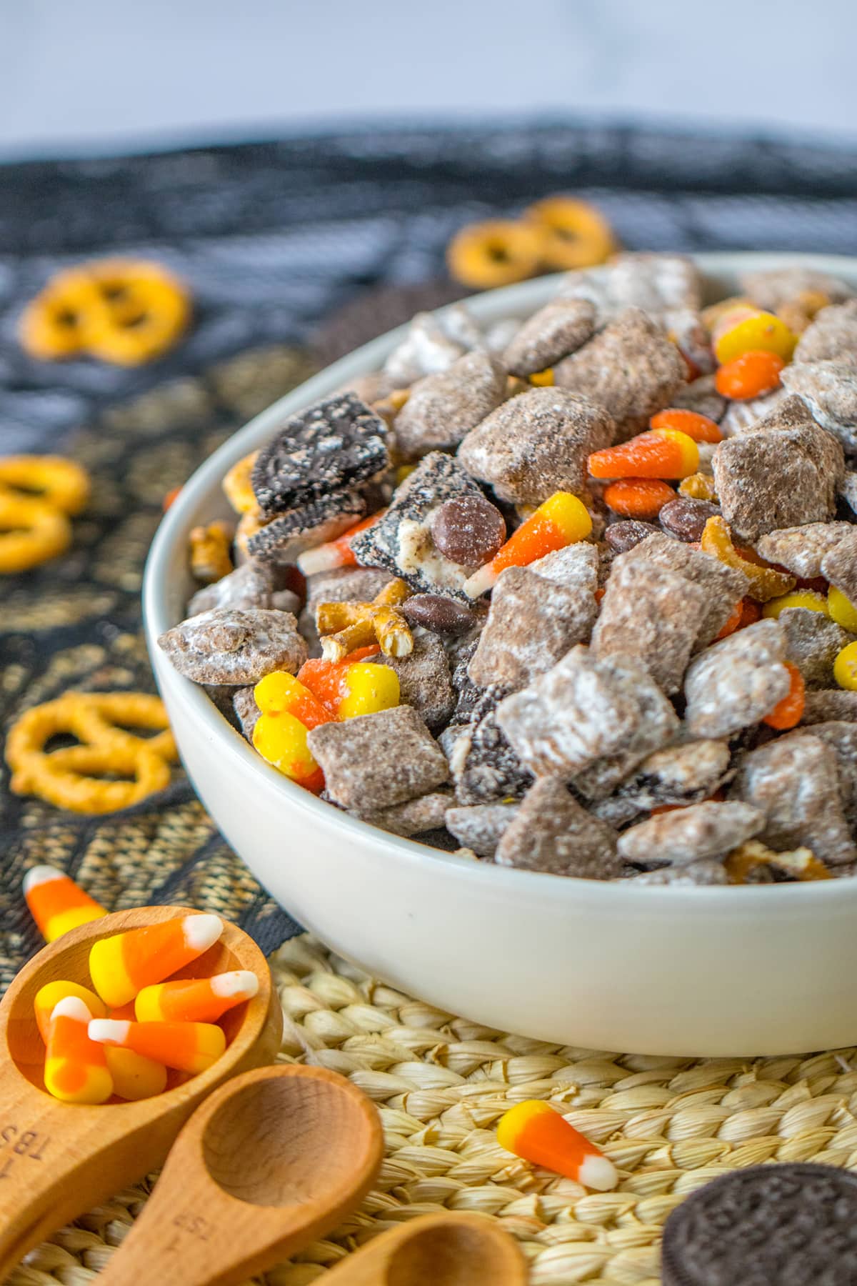 halloween puppy chow in a white bowl
