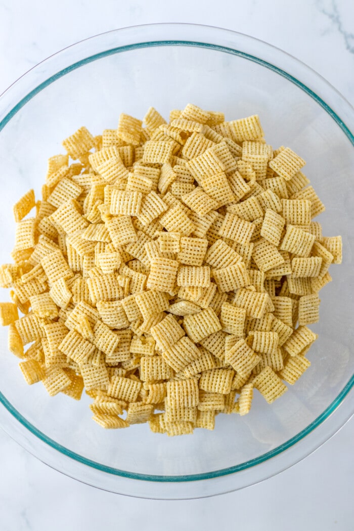 chex cereal in a glass bowl