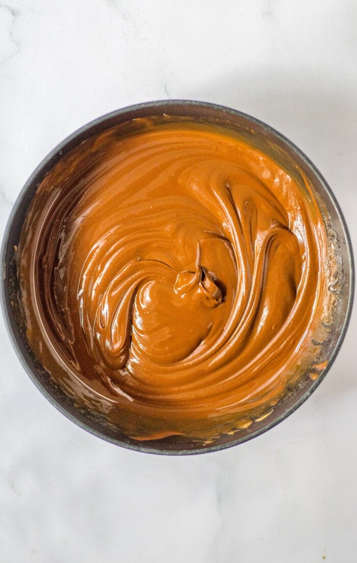 chocolate, peanut butter and butter melted and mixed in bowl