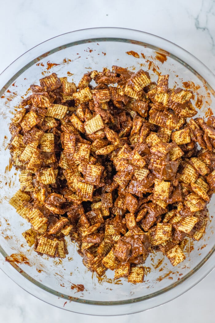 chex cereal mixed with melted chocolate