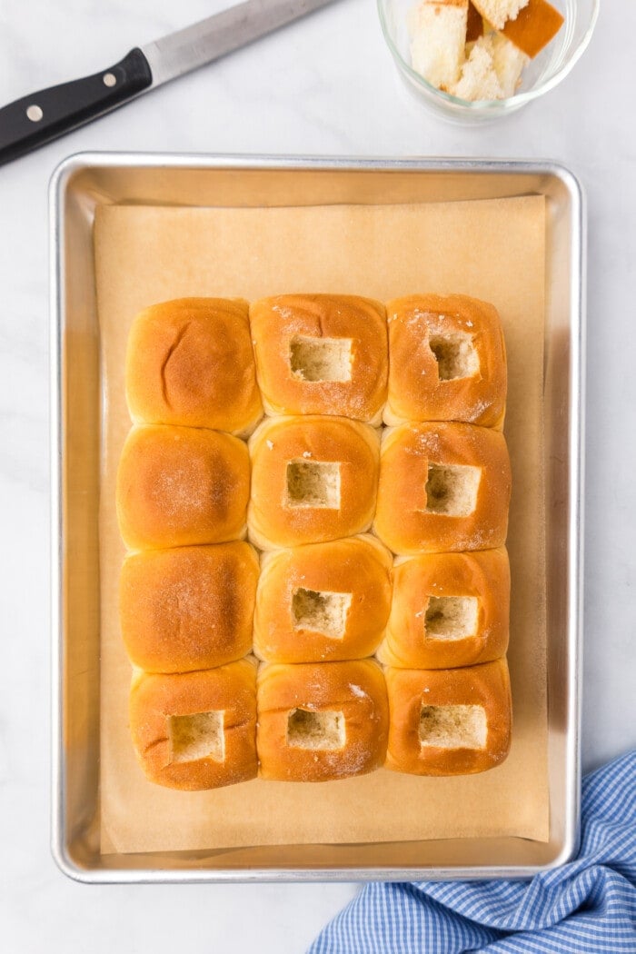 Hawaiian rolls with center cut out for meatball