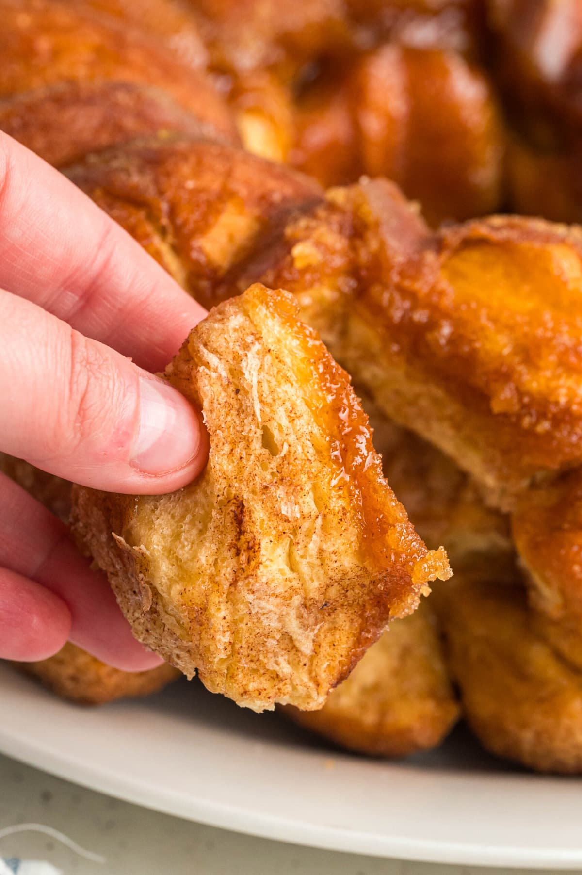 A hand holding a piece of monkey bread