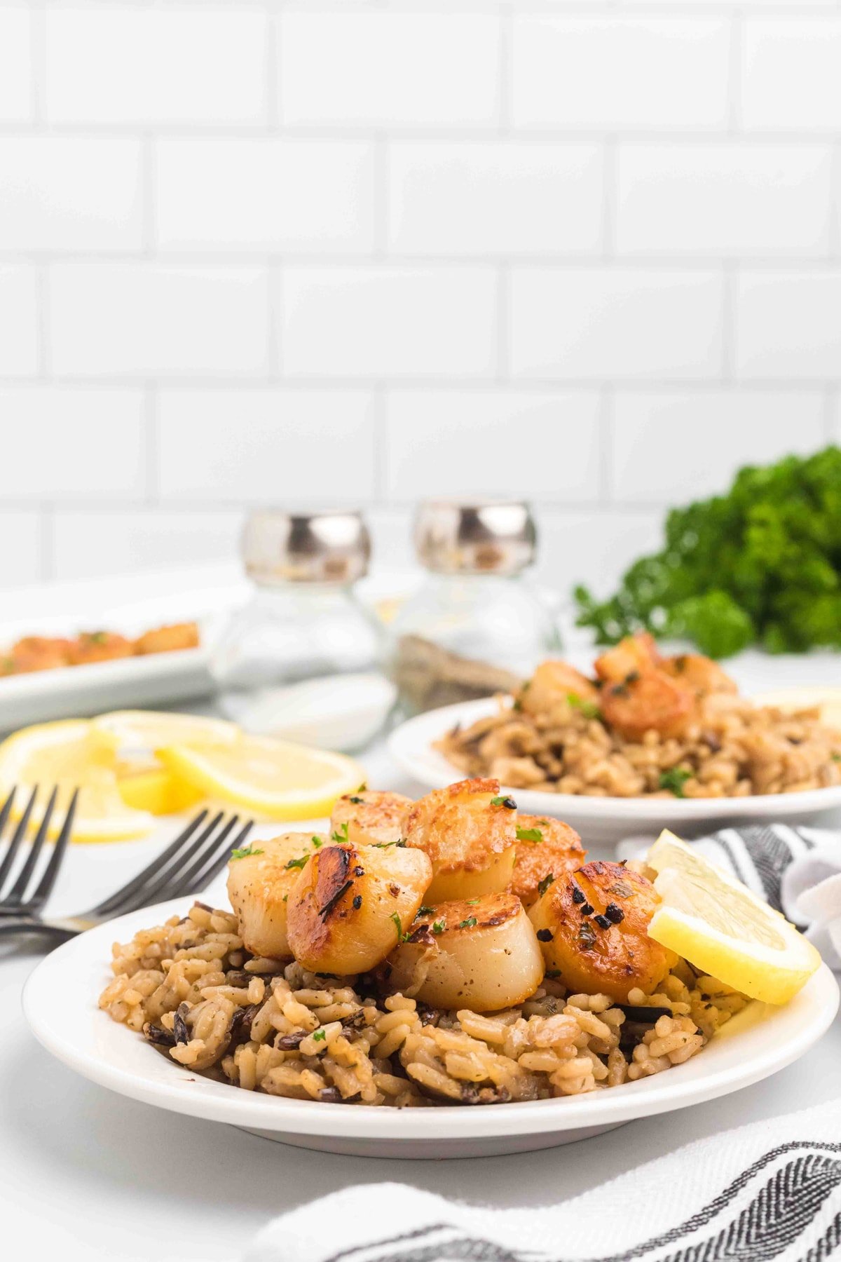 pan seared scallops on white plate with brown rice and lemon slice