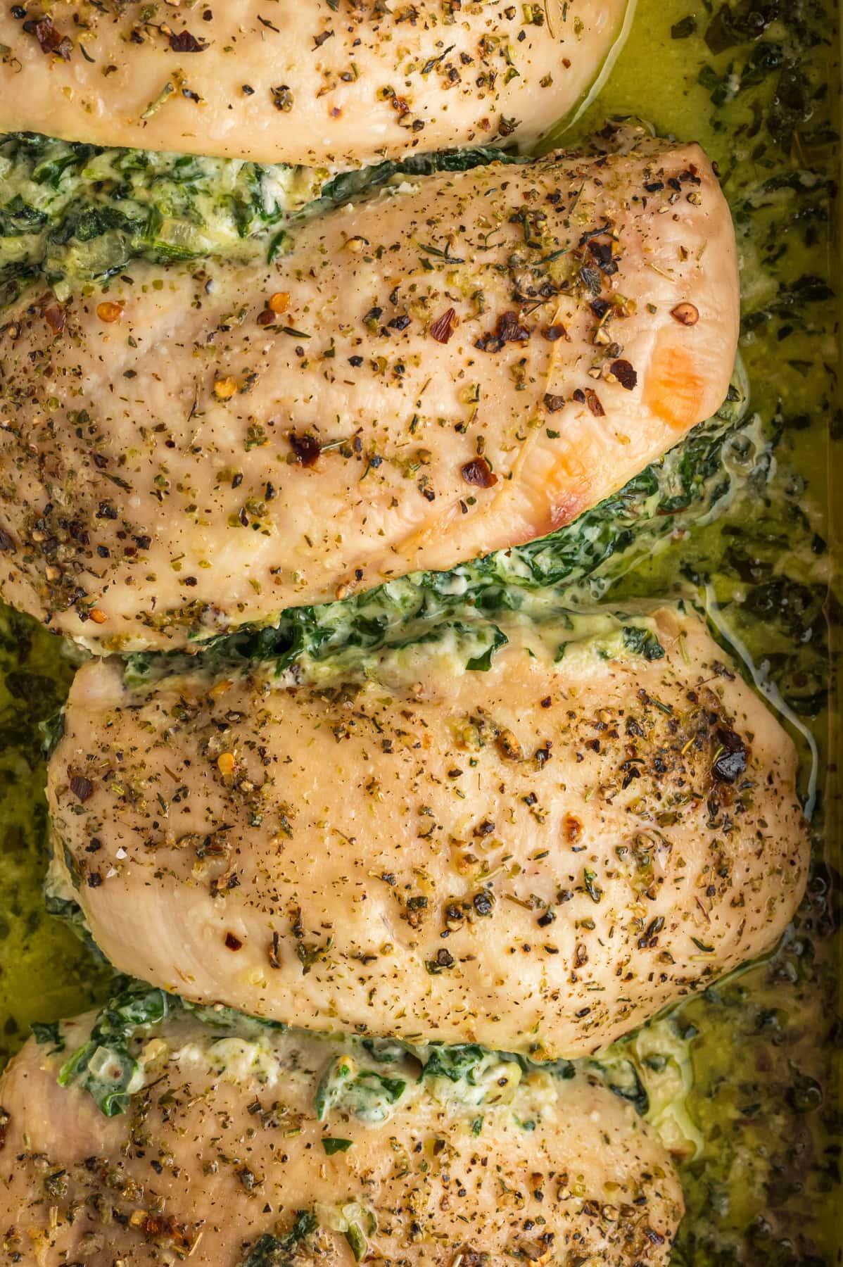 Close up of spinach stuffed chicken breasts