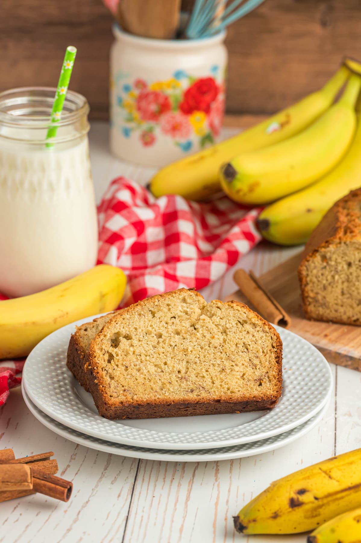 A slice of banana bread on a plate