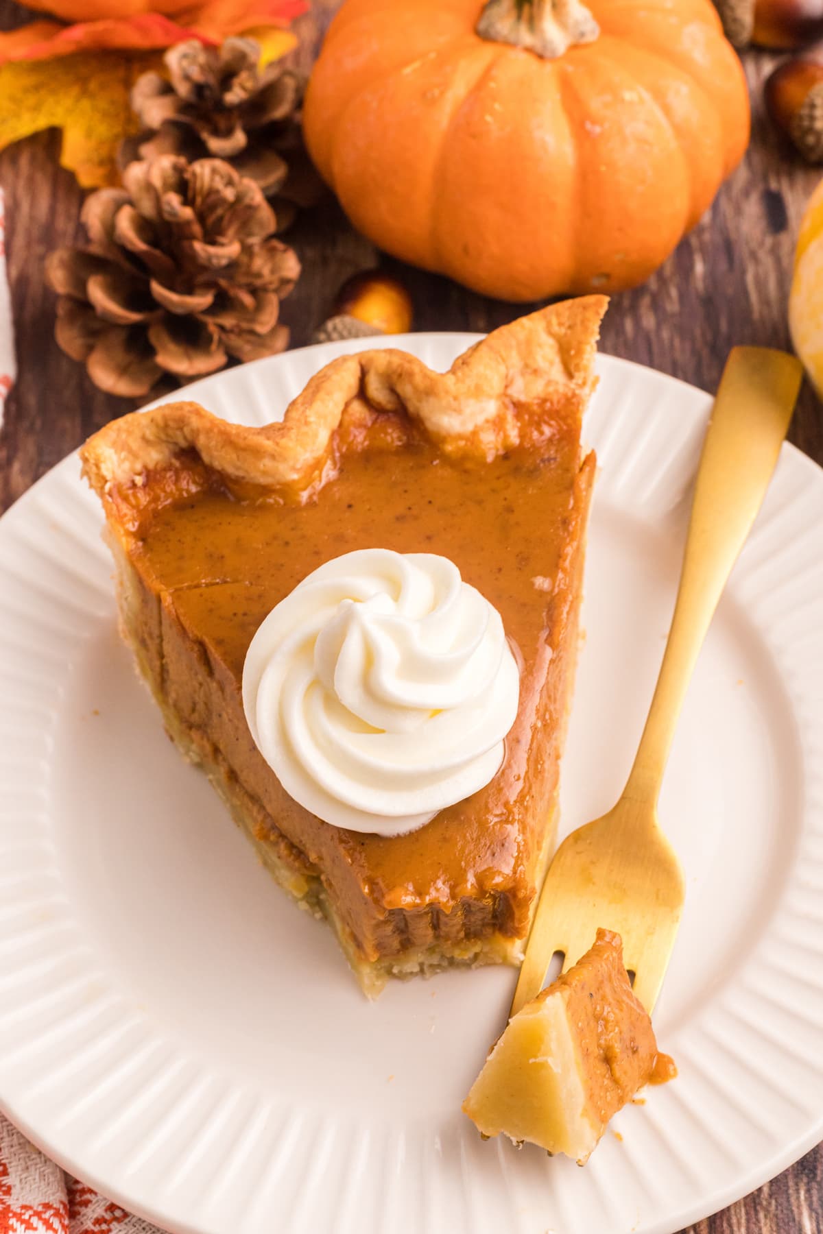 Pumpkin pie on a white plate with a fork.