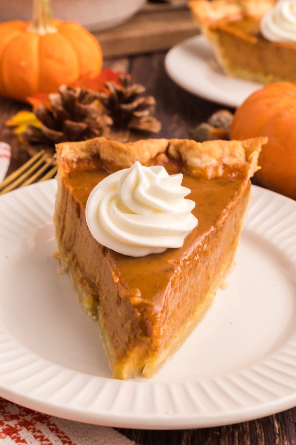 A slice of pumpkin pie with a dollop of whipped cream on a white plate.