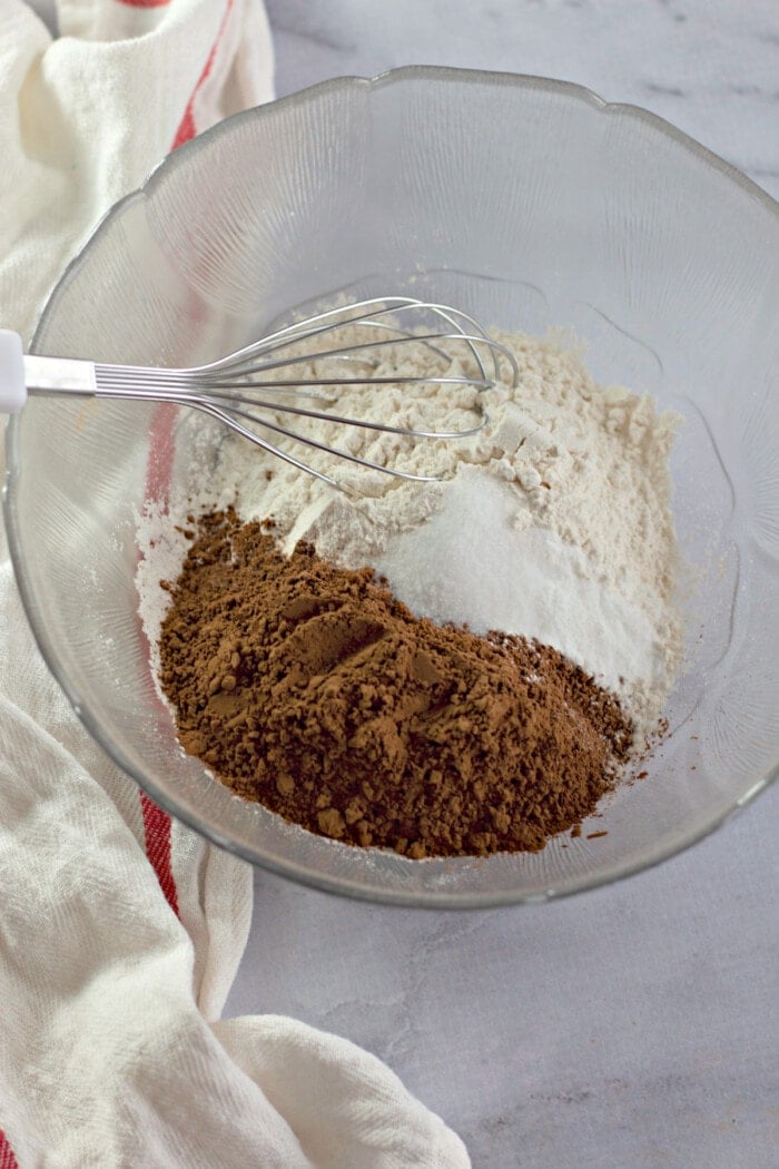 dry ingredients in bowl for chocolate peanut butter cookies