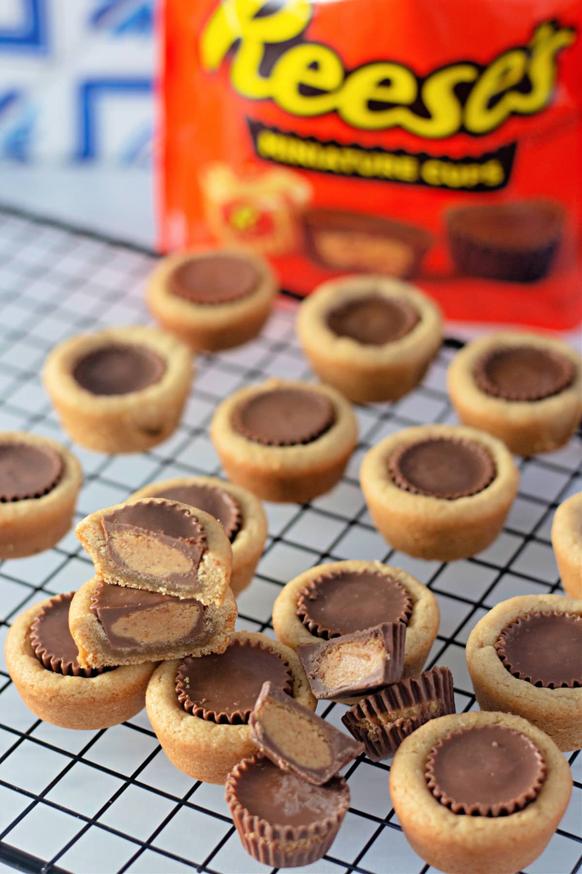 peanut butter cup cookies on wire rack