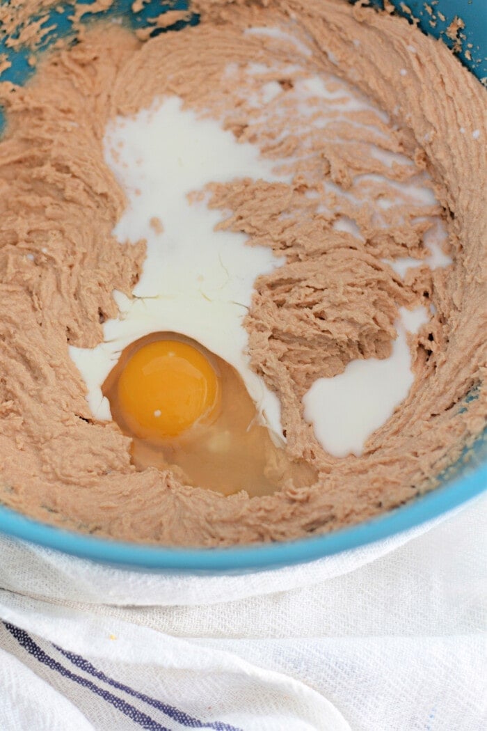 cookie batter in bowl with egg and milk
