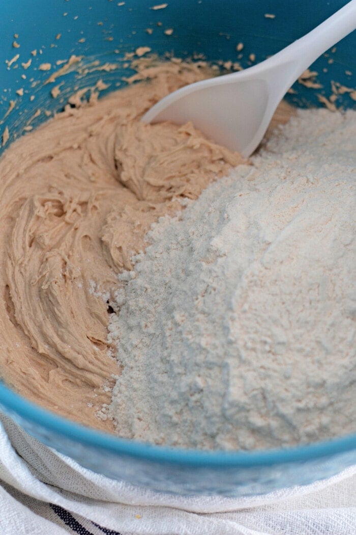dry ingredients in bowl with wet ingredients for peanut butter cup cookies