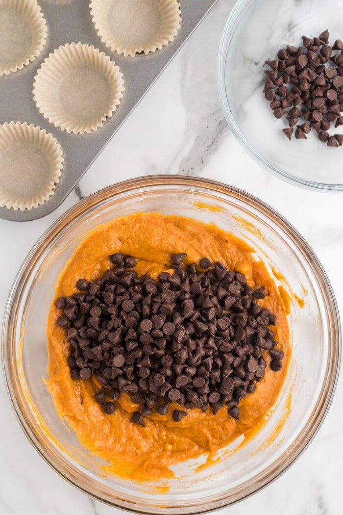 Chocolate chips in a bowl with pumpkin muffin batter