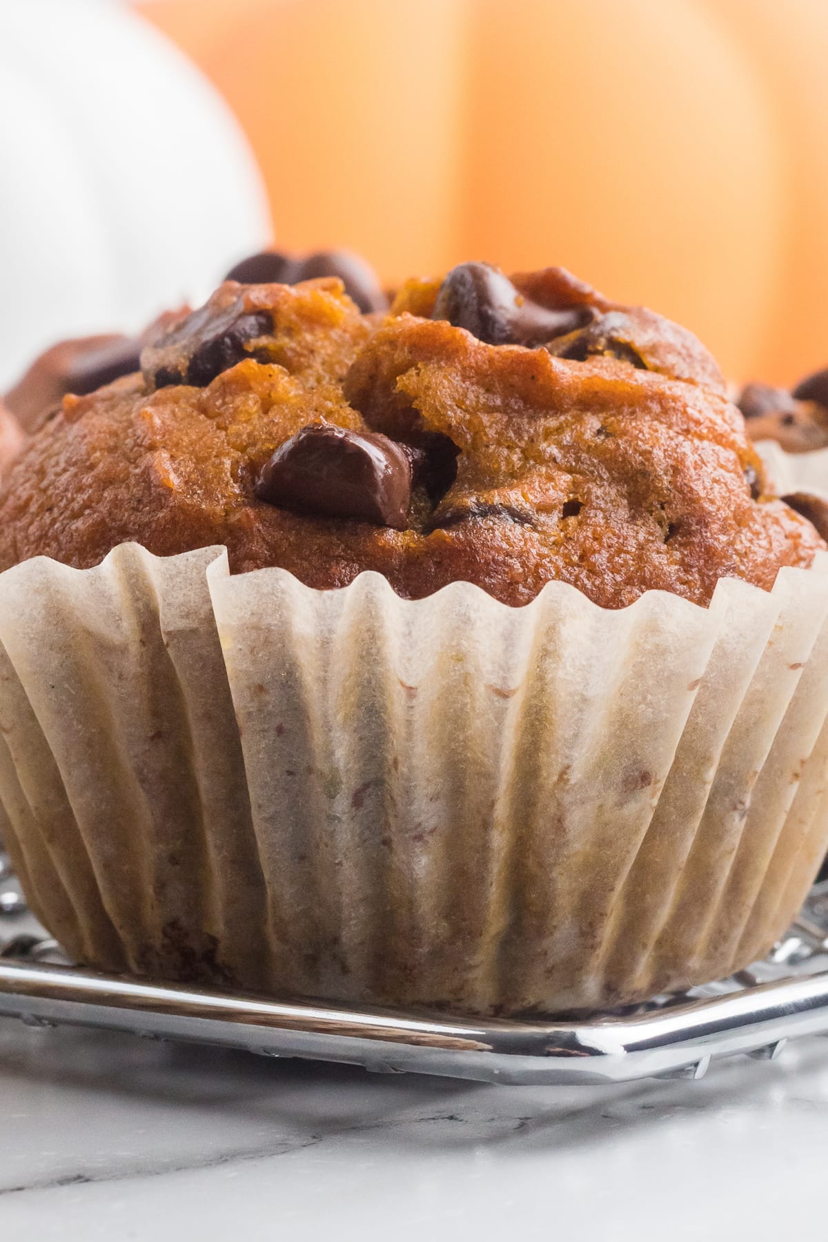 Close of up of a pumpkin and chocolate chip muffin
