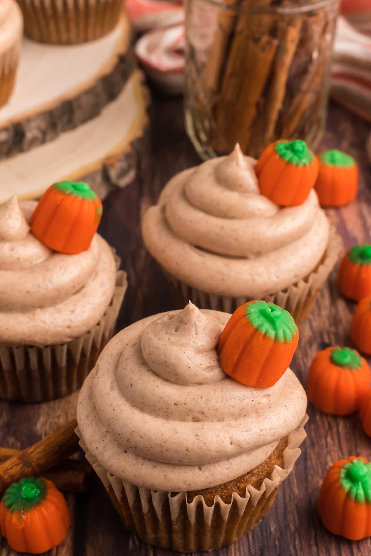 Pumpkin cupcakes topped with cream cheese frosting