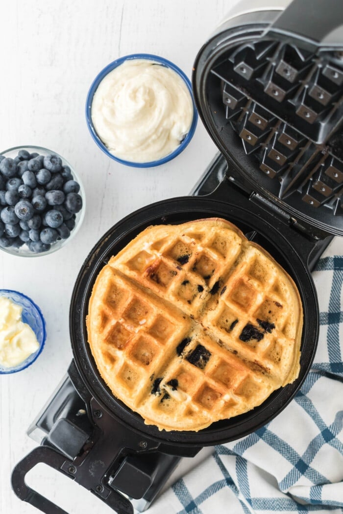 Cooked waffle in a waffle maker