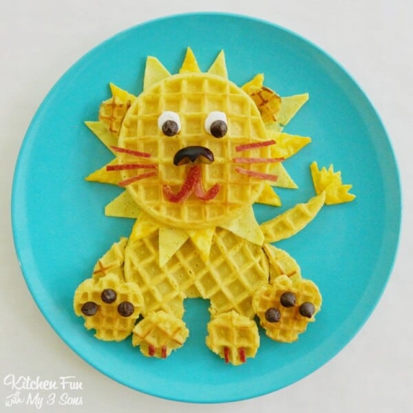 Lion waffle breakfast on a blue plate