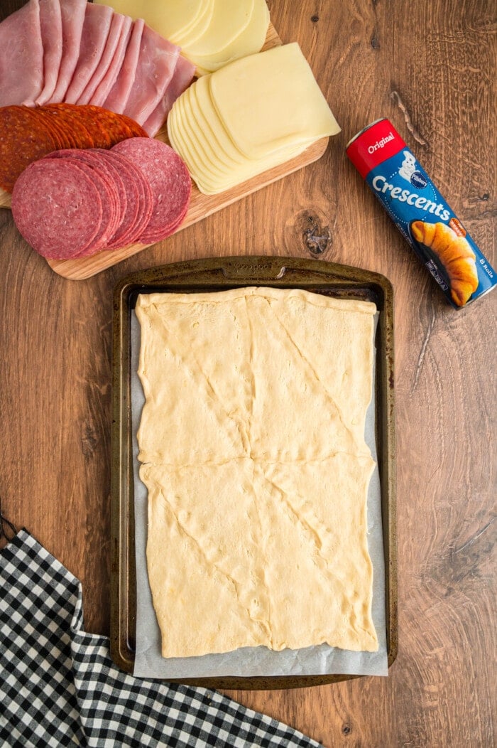Crescent roll dough on a baking sheet 