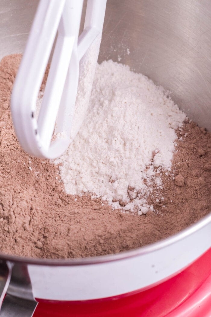 Dry ingredients in a mixing bowl for Brownie Cookies.