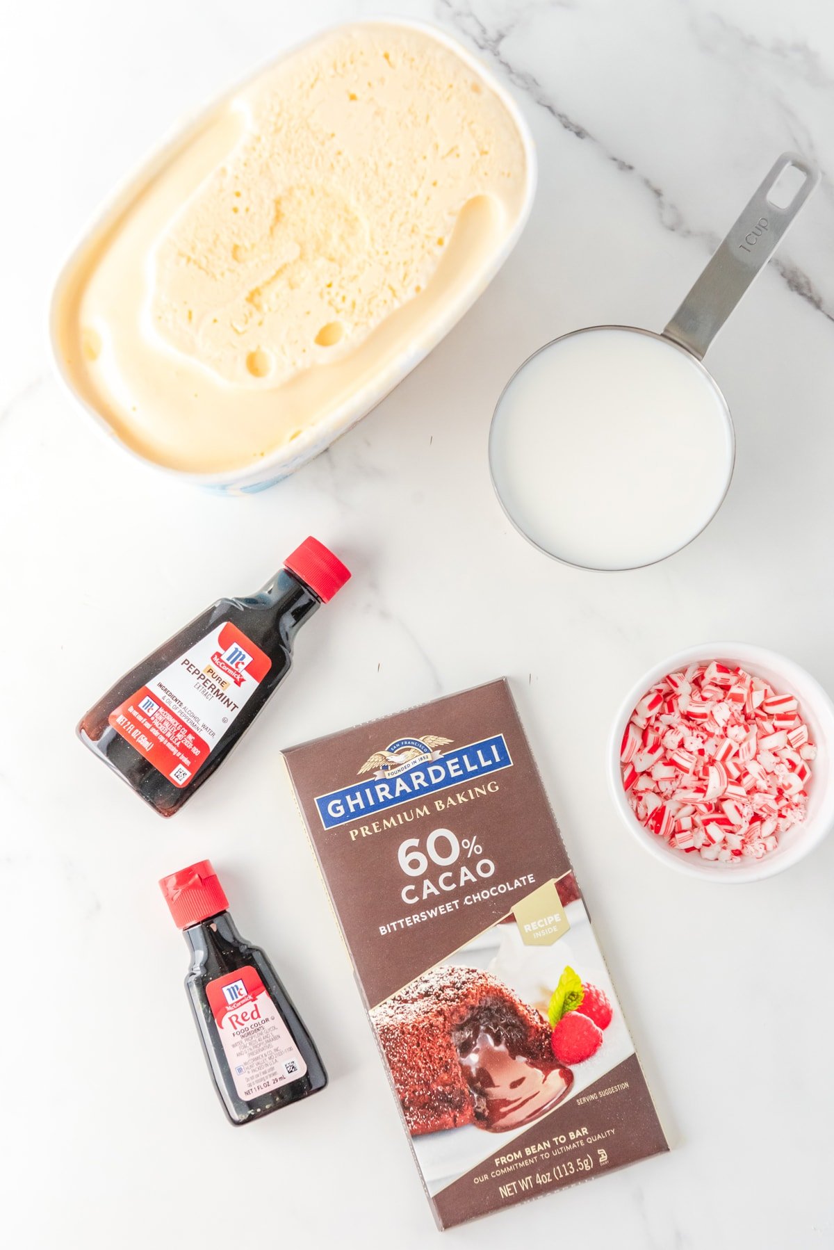 The ingredients to make a Copycat Chick Fil A Peppermint Milkshake.
