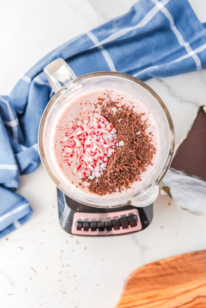 Crushed candy canes and shaved chocolate in a blender.