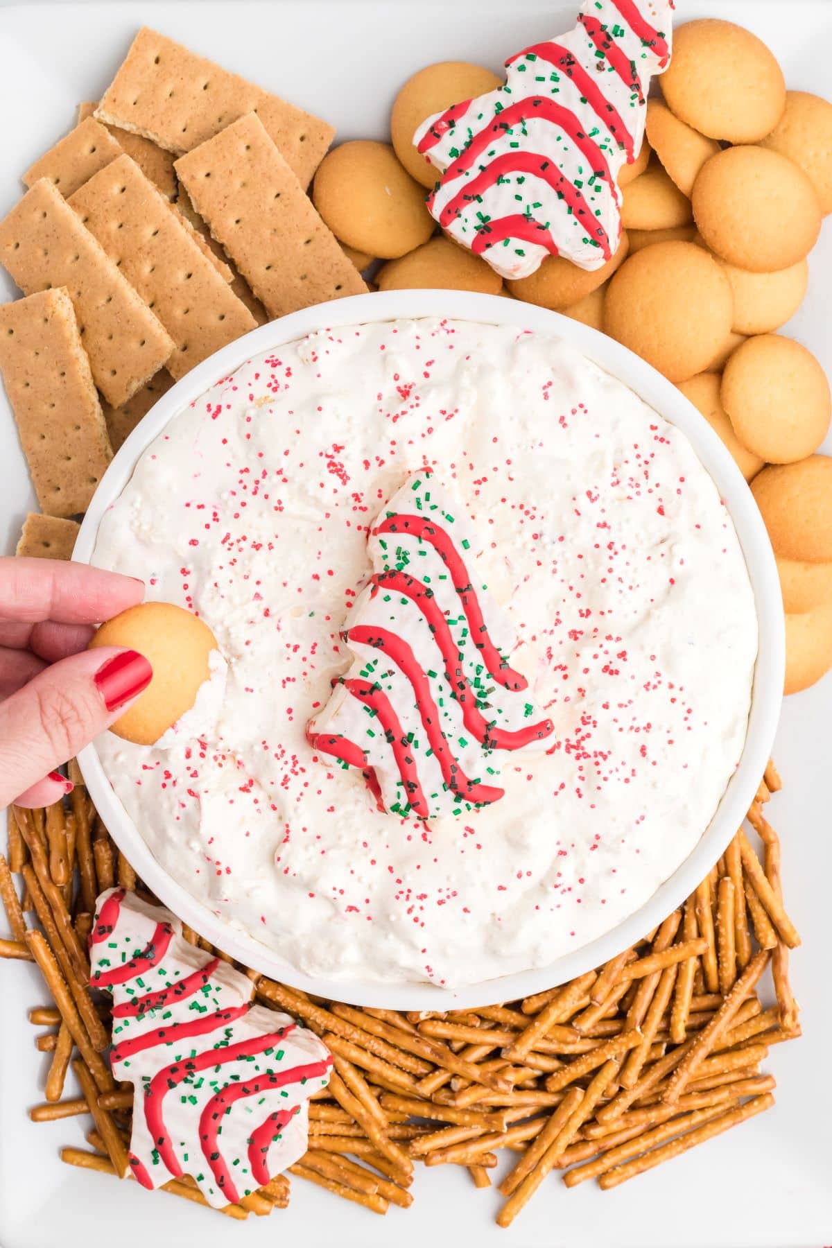 Christmas Tree Cake Dip with a whole tree on top.