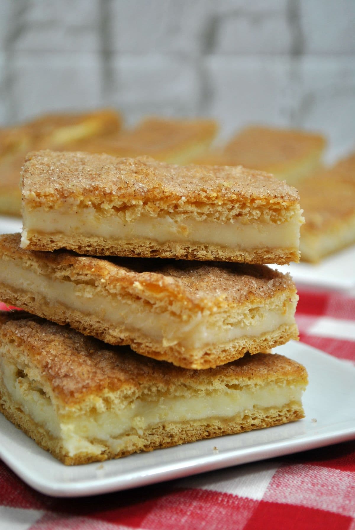 a stack of three cheesecake bars a dusting of cinnamon and sugar