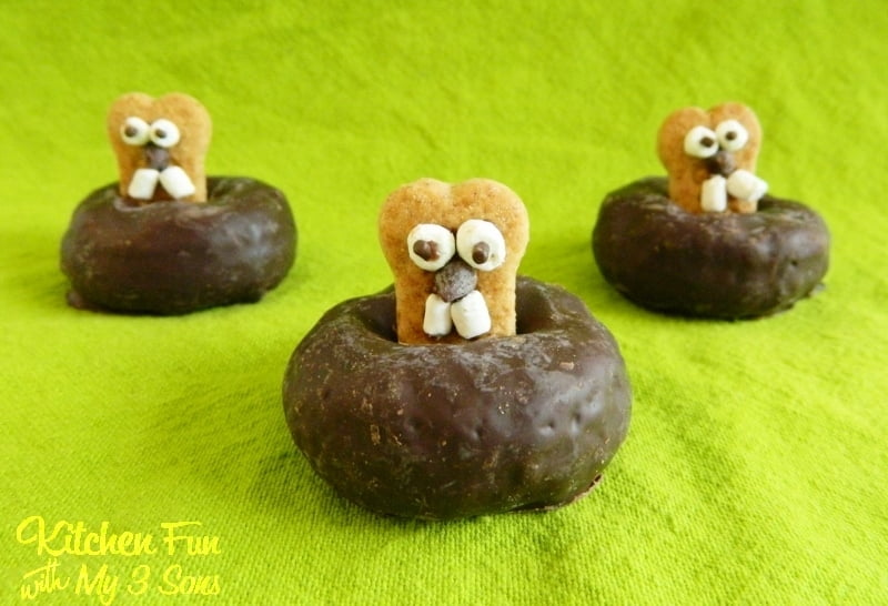 Chocolate donuts with groundhog treats