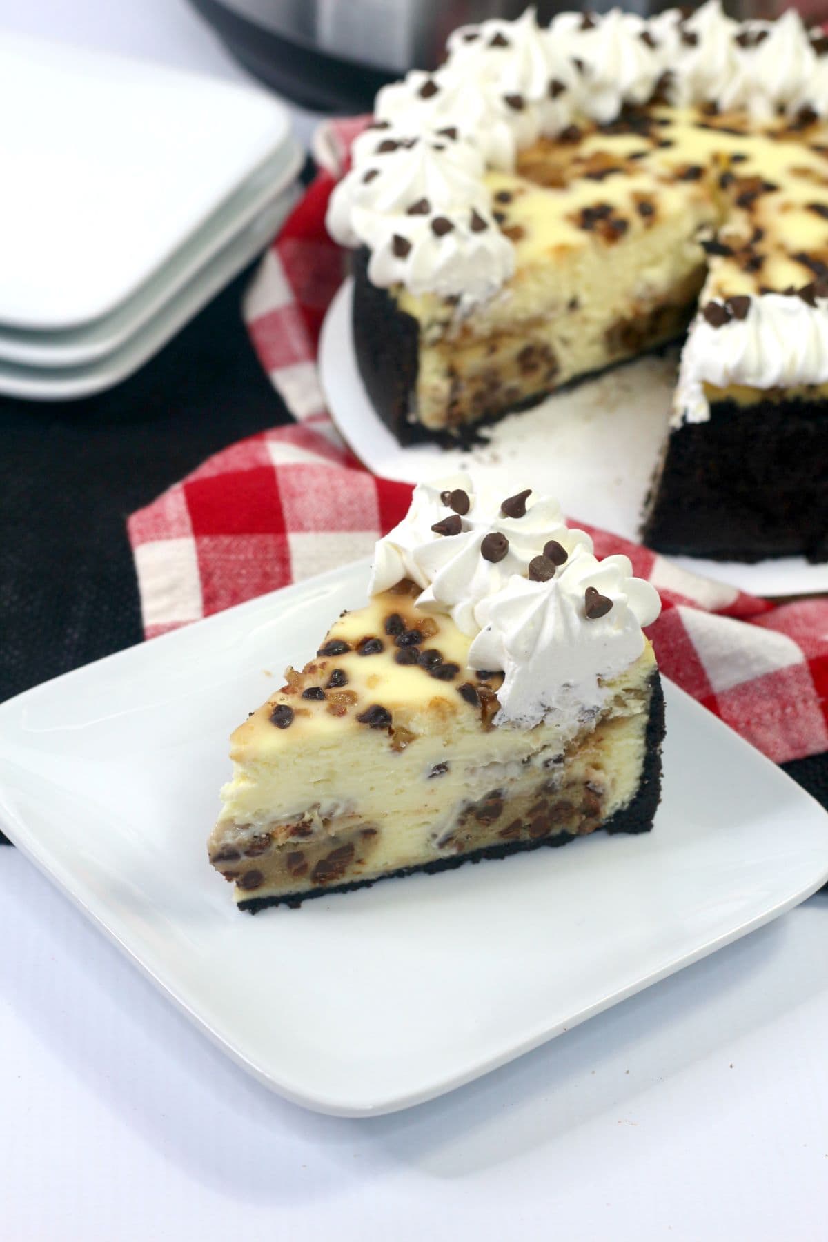 Instant Pot Cookie Dough Cheesecake on a plate