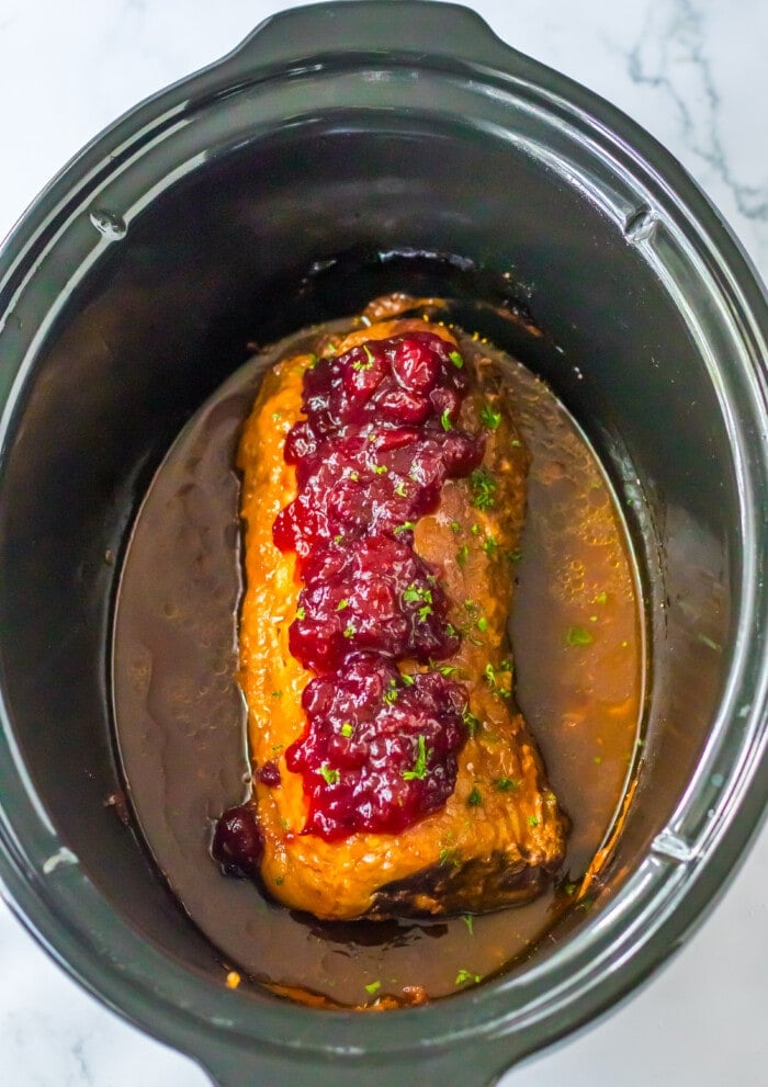 slow cooker cranberry pork loin in the slow cooker