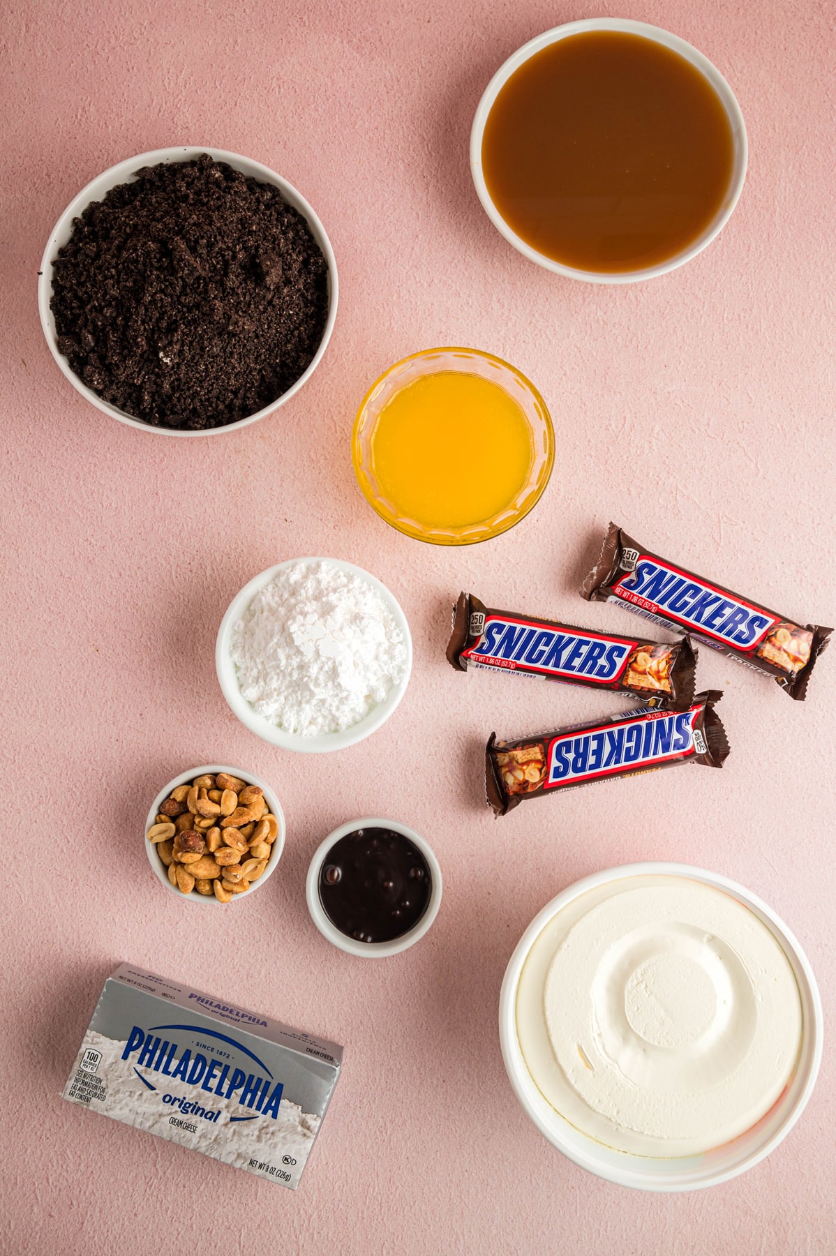 Ingredients to make a Snickers Pie.