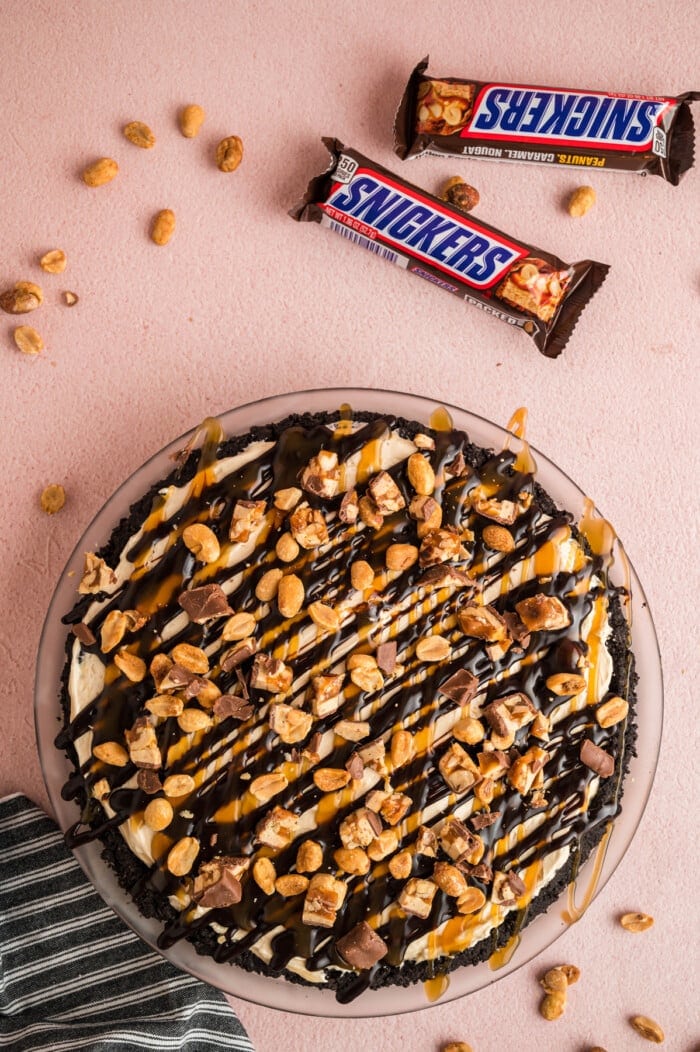 Snickers Pie with a couple of snickers bars.