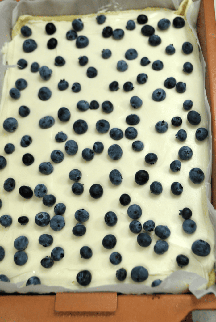 fresh blueberries on top of the cheesecake layer
