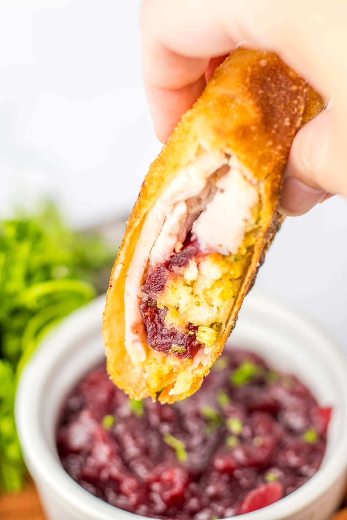 thanksgiving egg roll being dipped in cranberry sauce